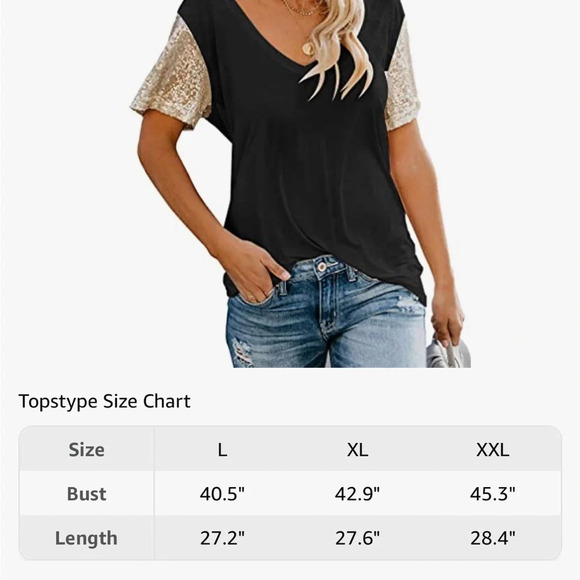 Sequin Short Sleeve Tee V Neck T Shirt Glitter Sparkles Loose Blouse Top 2XL - Picture 11 of 11